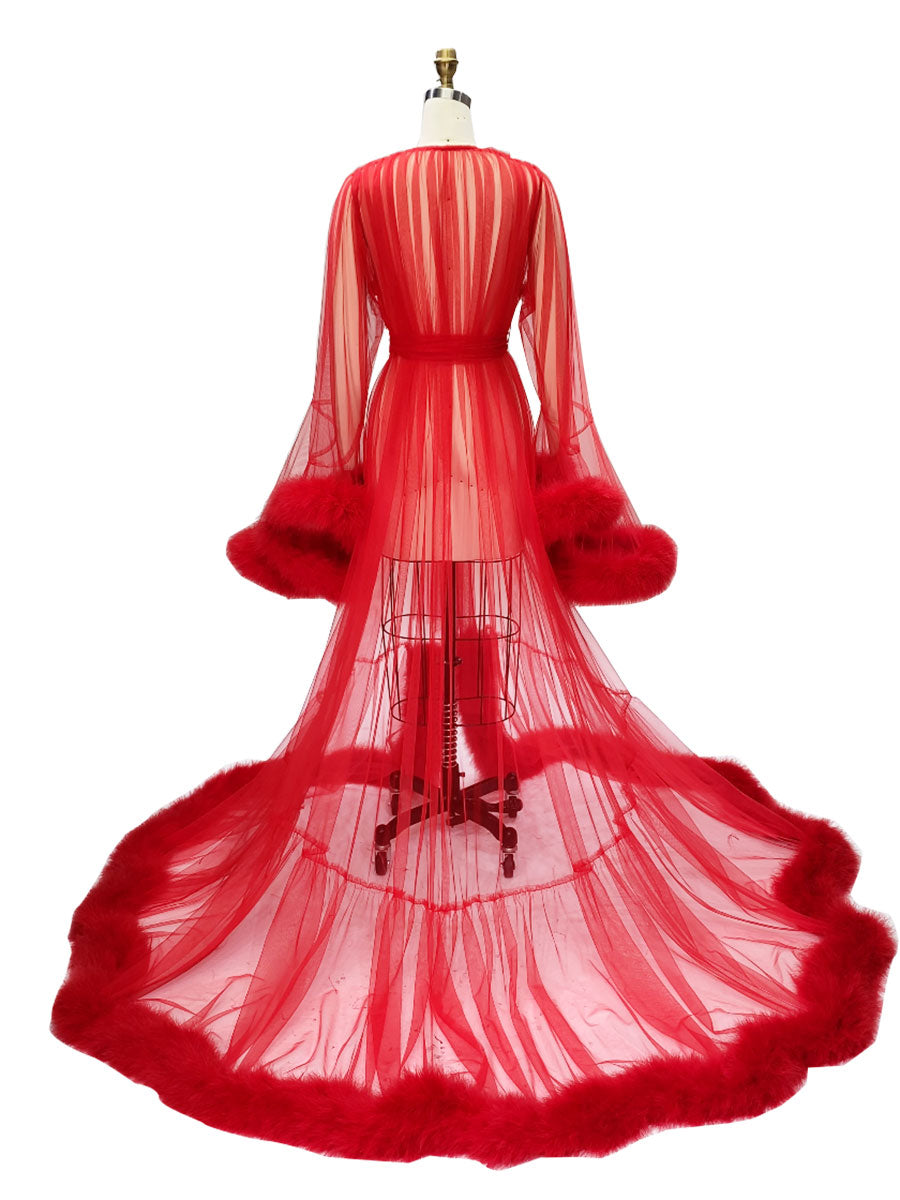 Roter Boudoir Morgenmantel mit Federn, Braut-Federmantel, Schwangerschafts-Shooting-Kleid YW2032 