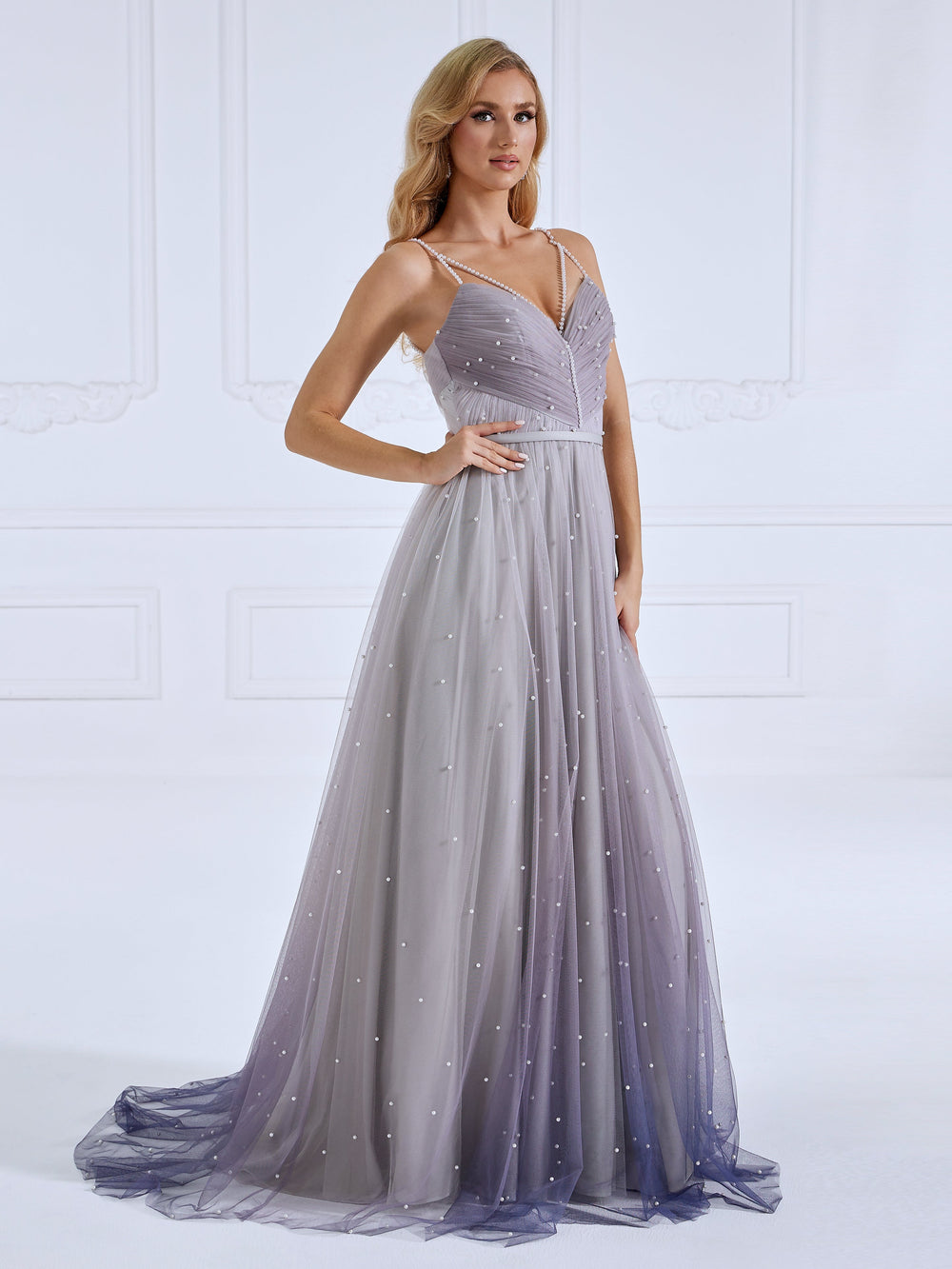 Criss-Cross Pearls Evening Dress V Neck Ball Gown Photo Shoot Dress 