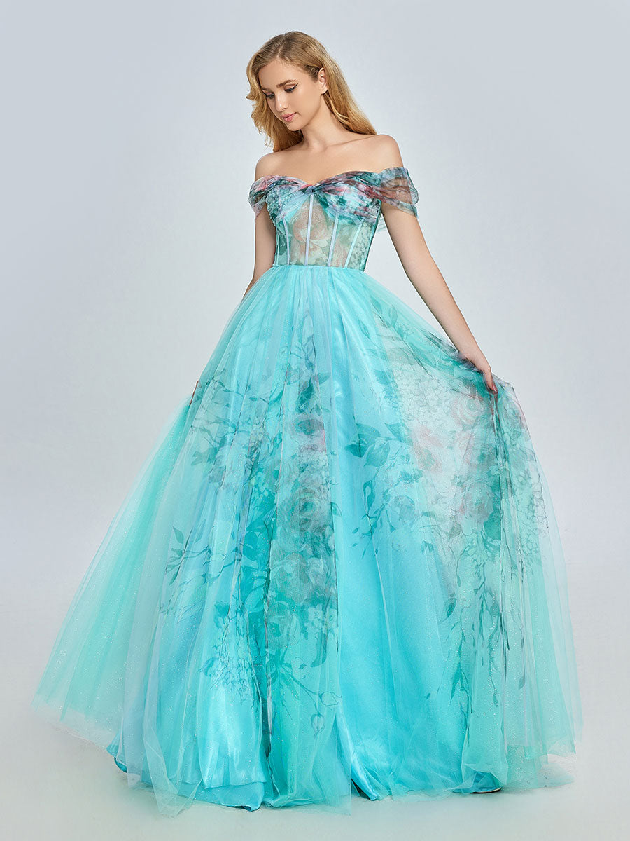 Elegantes, schulterfreies Ballkleid mit Blumenmuster in Aquamarin YE3022 