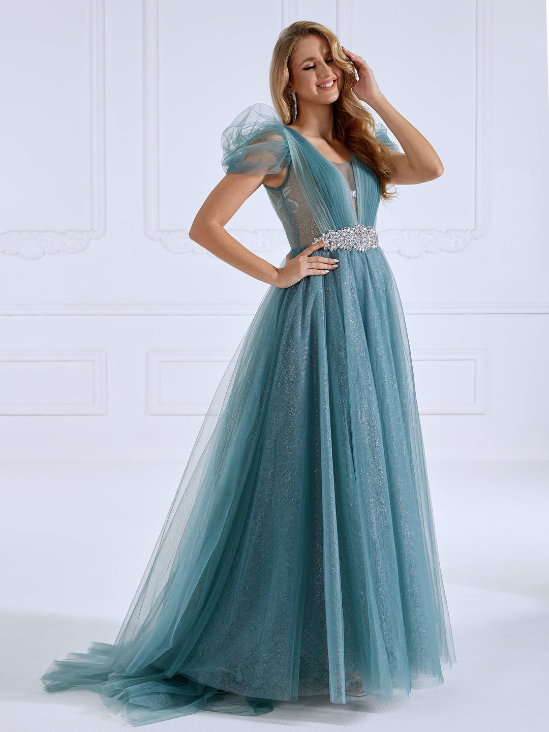 V Neck, Glitter Tulle ,Ankle Length Dress , Elegant Prom Dress