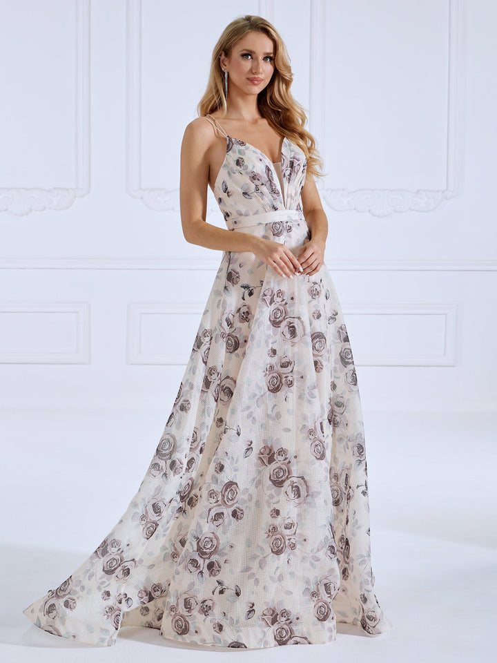 A-line, Sweep Train Printed, Ball Gown ,Evening Dresses