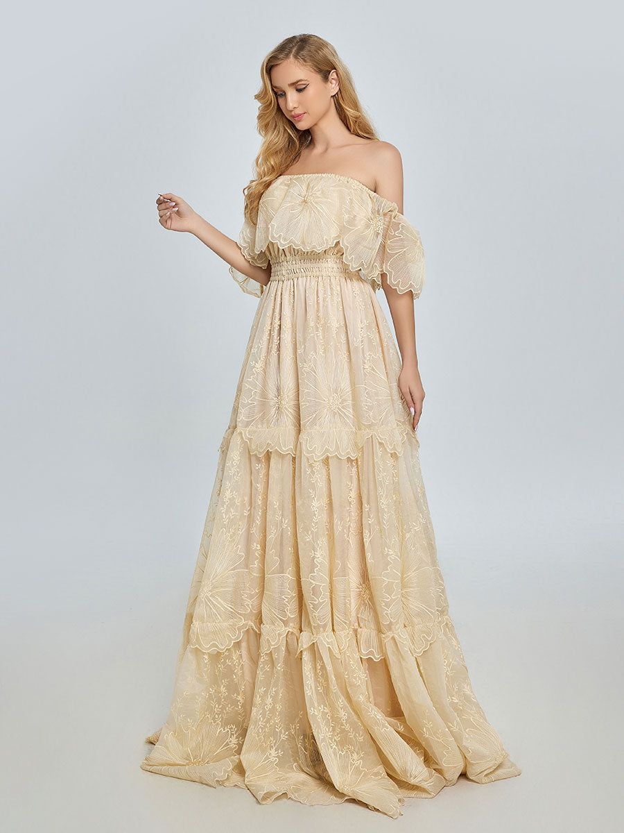 Elegantes schulterfreies Spitzen-Boho-Kleid, Fotoshooting-Kleid, böhmisches Umstandskleid, Babyparty, YW240067