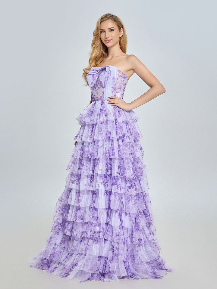 Elegantes lavendelfarbenes Stufenkleid aus mehrlagigem, bedrucktem Tüll, Ball- und Partykleid YE3024 