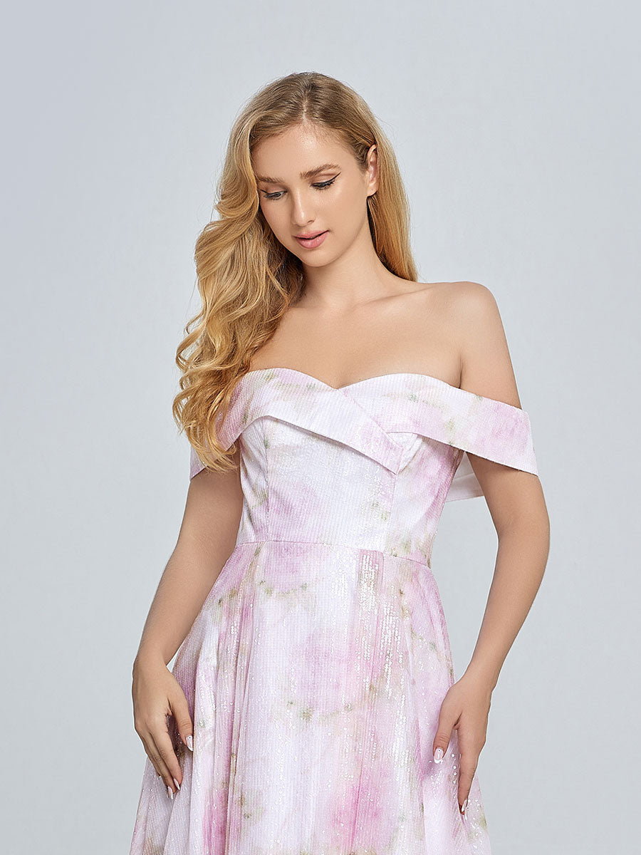 Elegantes A-Linien-Ballkleid mit schulterfreiem, rosafarbenem Print YE3019 