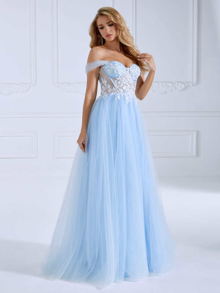 A-Line ,Blue Tulle Prom Dress, Side Leg Split,  Floor-Length, Photo Shoot Dress