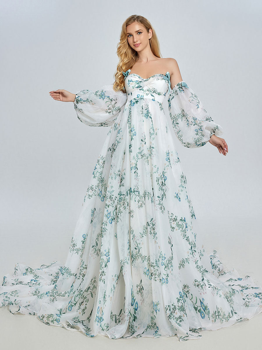 Stilvolles Langarm-Umstandskleid für die Hochzeit Boho Blumendruck Farbiges Brautkleid YW240075 