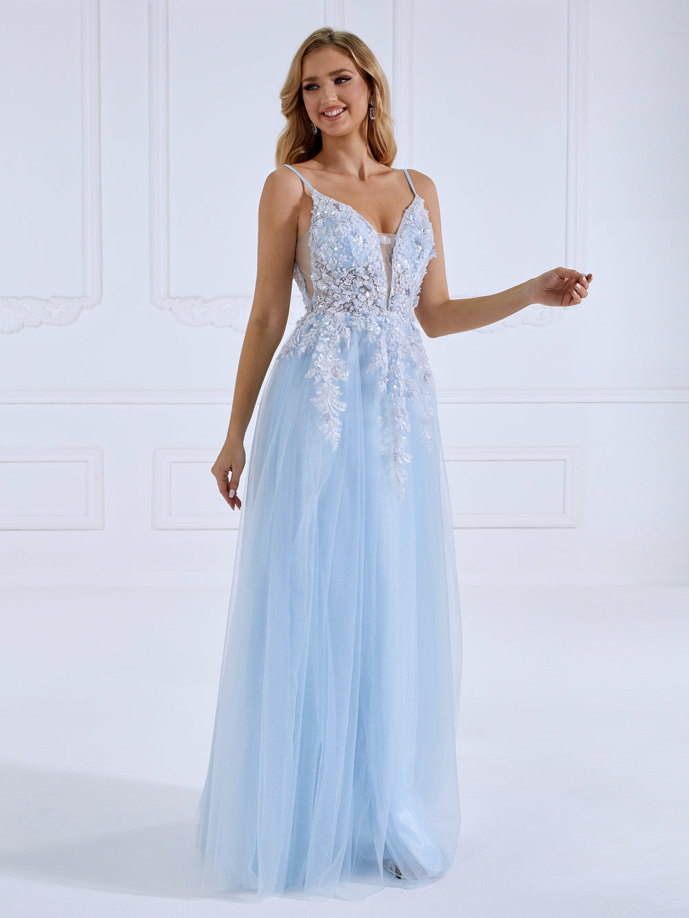 Princess V Neck, Floor Length ,Glittle ,Tulle Prom Dresses With Lace Beads
