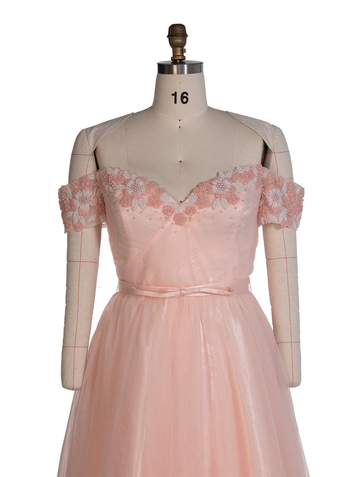 Knöchellanges rosa Ballkleid mit Perlen und Blumenapplikationen, Fee-Abschlusskleider, YE4001 