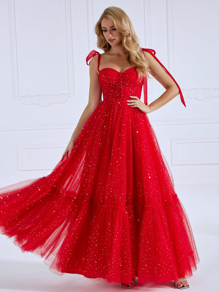 Ärmelloses Ballkleid aus Tüll mit herzförmigem Ausschnitt und Sternenmuster und Knopfdetail YW231022