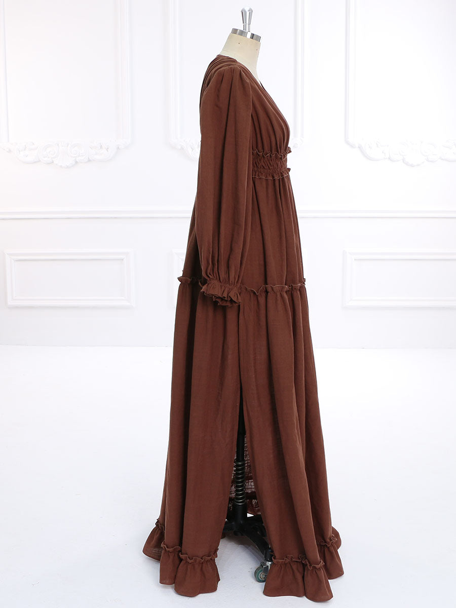 V-Ausschnitt, lange Ärmel, Boho-Maxikleid aus Baumwolle, Strandkleid für Fotoshootings, YW231133 