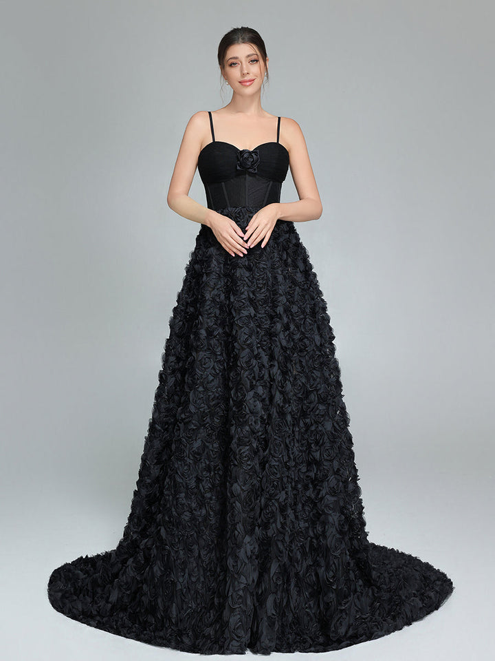 Schwarzes A-Linien-Kleid mit Korsett-Mieder, Mesh-Rosen-Abendkleid YW240043 