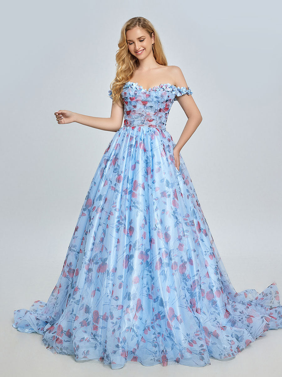 Elegantes schulterfreies Ballkleid mit Blumenmuster und Schleppe YE3023 