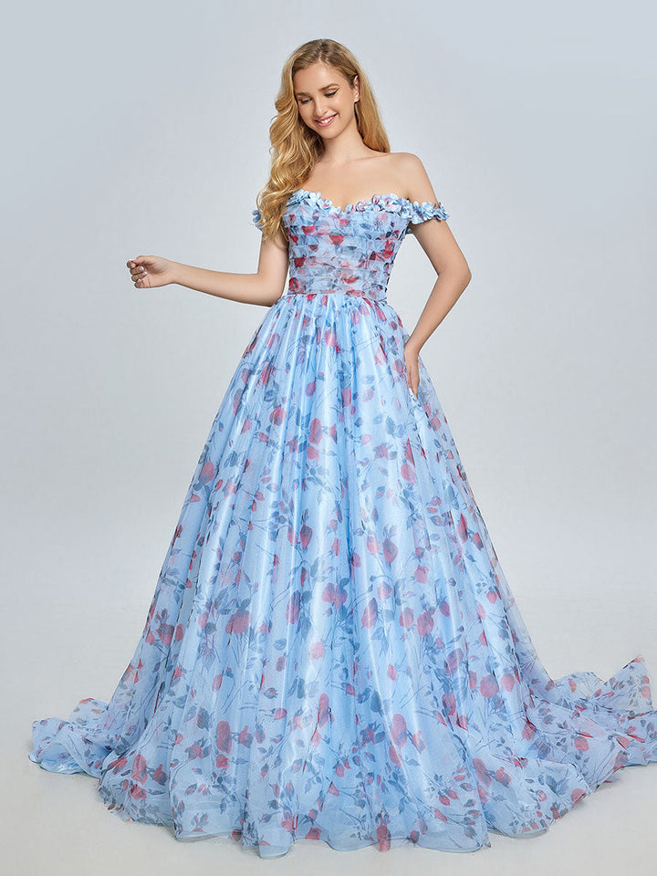Elegantes schulterfreies Ballkleid mit Blumenmuster und Schleppe YE3023 