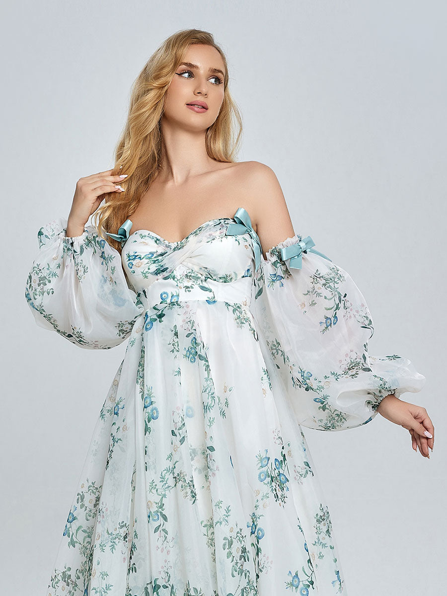 Stilvolles Langarm-Umstandskleid für die Hochzeit Boho Blumendruck Farbiges Brautkleid YW240075 