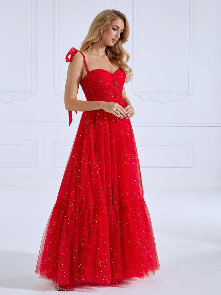 Ärmelloses Ballkleid aus Tüll mit herzförmigem Ausschnitt und Sternenmuster und Knopfdetail YW231022