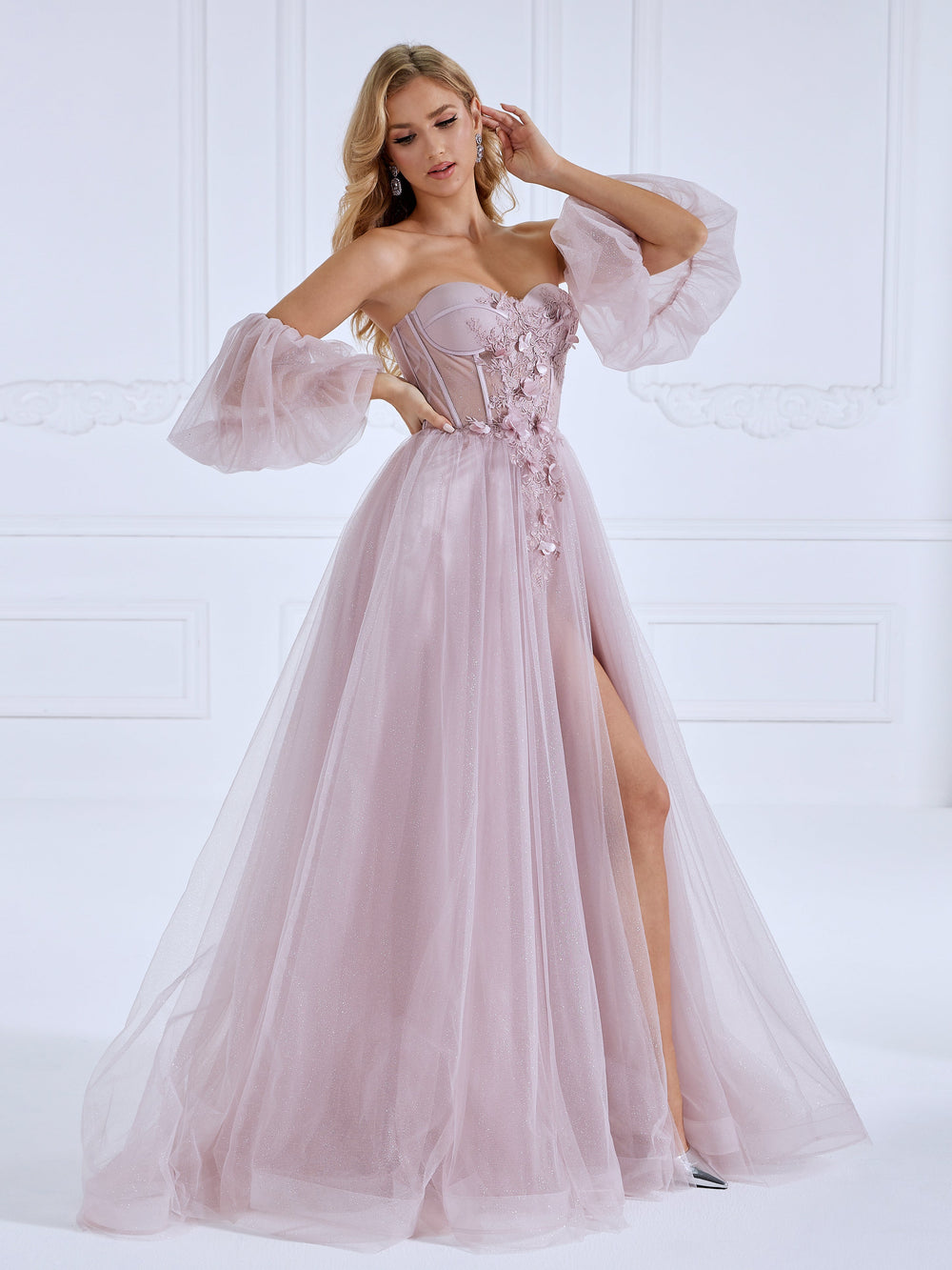 Floral Beaded Corset, Long Prom Dress, Photo Shoot Gown