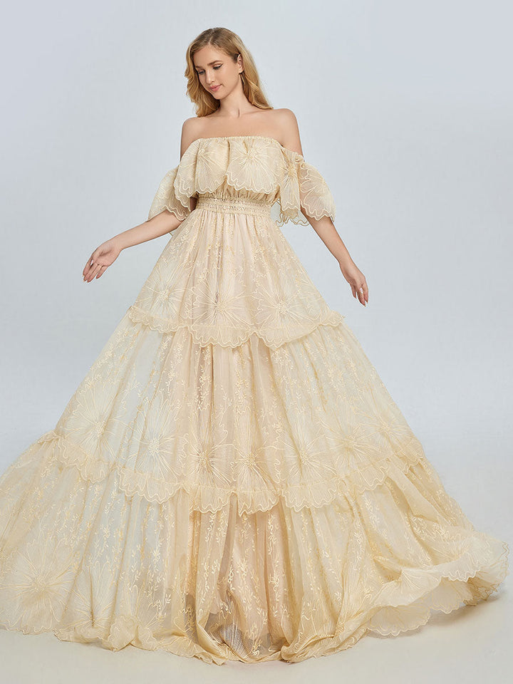 Elegantes schulterfreies Spitzen-Boho-Kleid, Fotoshooting-Kleid, böhmisches Umstandskleid, Babyparty, YW240067