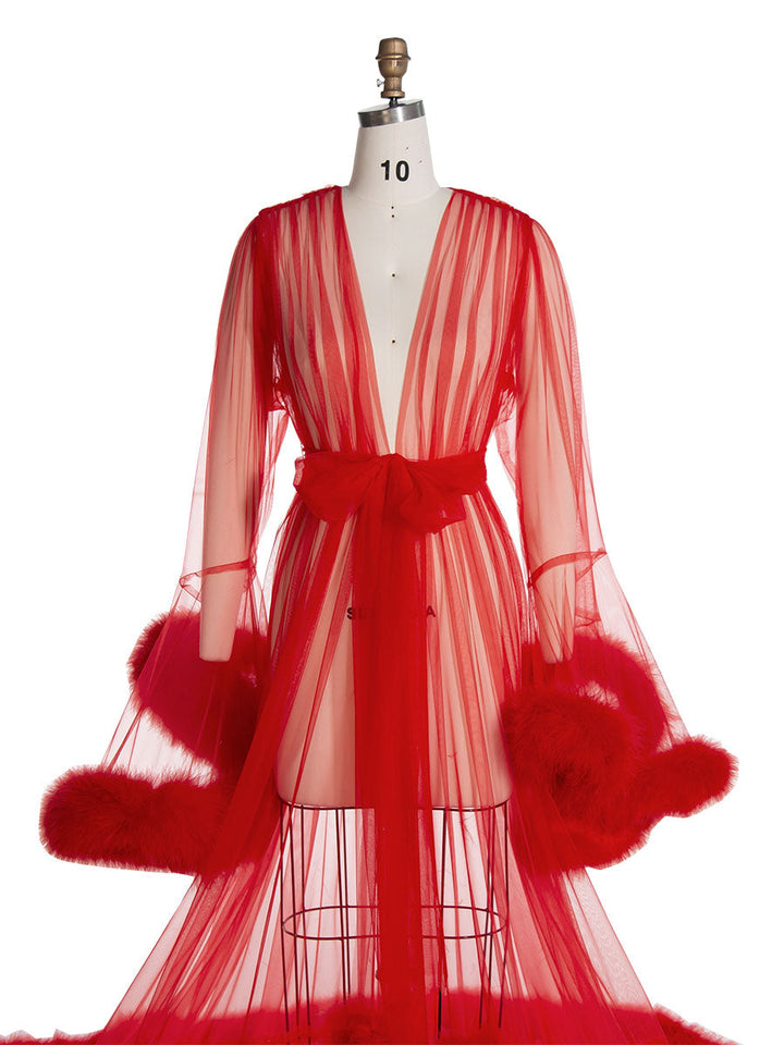 Roter Boudoir Morgenmantel mit Federn, Braut-Federmantel, Schwangerschafts-Shooting-Kleid YW2032 