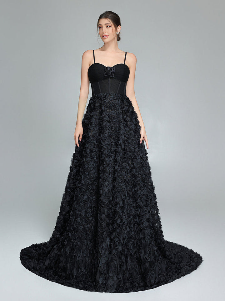 Schwarzes A-Linien-Kleid mit Korsett-Mieder, Mesh-Rosen-Abendkleid YW240043 