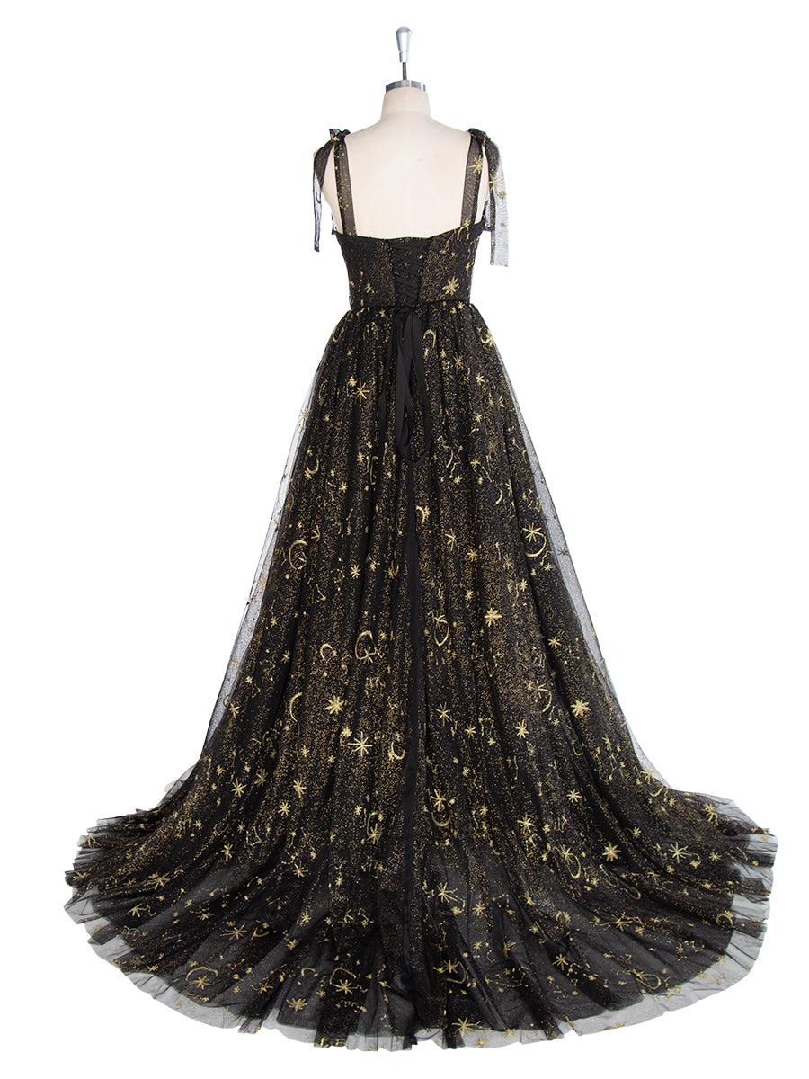 Schwarzes Tüll-Abschlussballkleid mit bestickten goldenen Sternen und hohem Beinschlitz, Partykleid W243137 