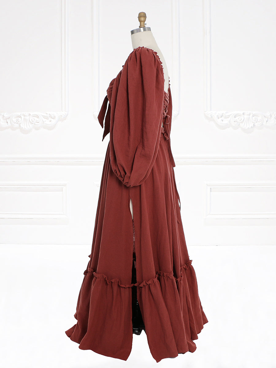 Lange Ärmel Verstellbarer Rücken Frau Baumwolle Maxikleid Fotoshooting Kleider Outfit YW231113 