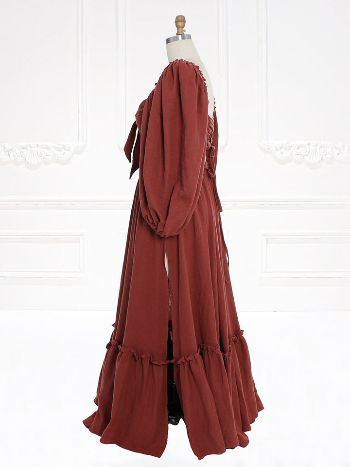 Lange Ärmel Verstellbarer Rücken Frau Baumwolle Maxikleid Fotoshooting Kleider Outfit YW231113 