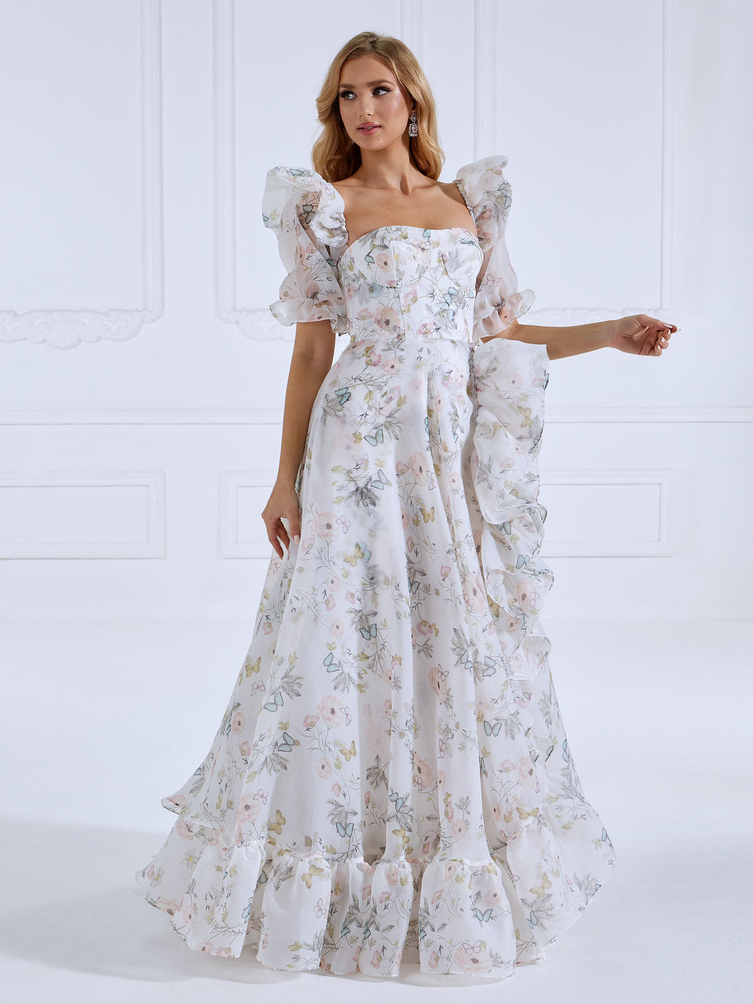 Floor Length, Printing Floral, Prom Dress with Short Sleeves ,Photo Shoots Dress