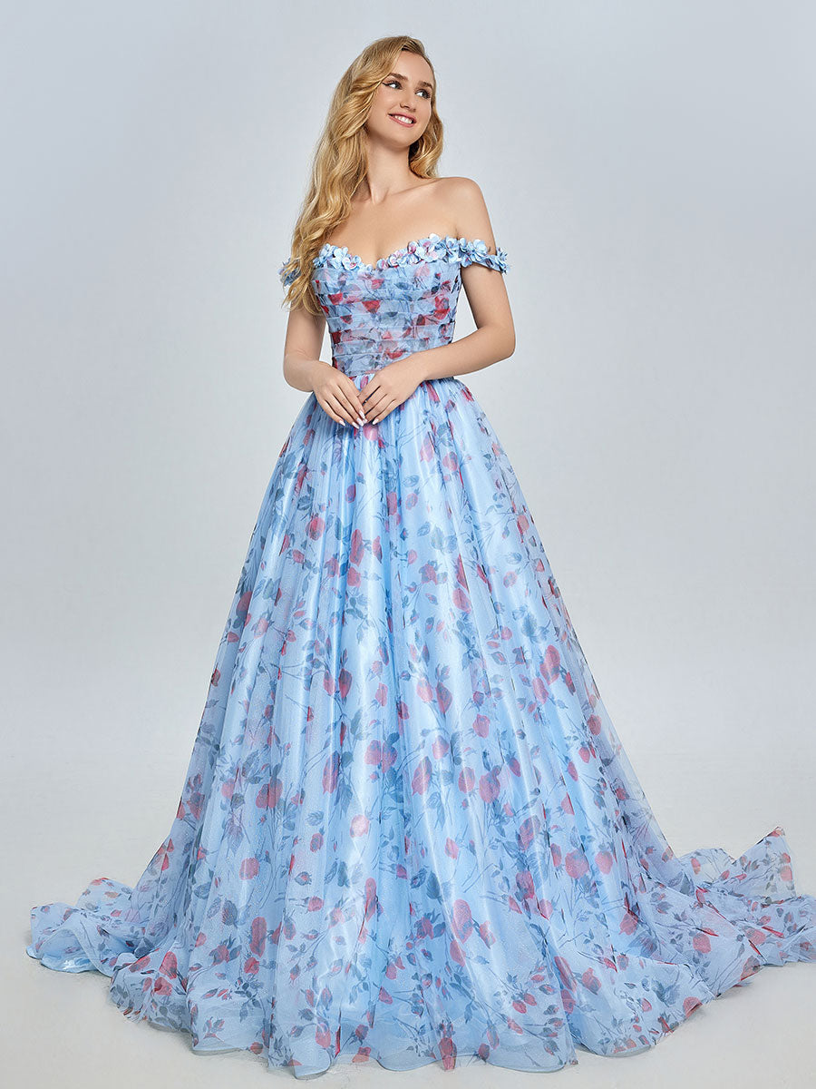 Elegantes schulterfreies Ballkleid mit Blumenmuster und Schleppe YE3023 