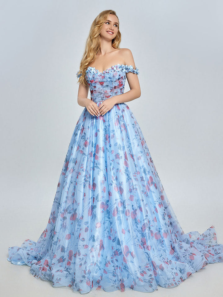 Elegantes schulterfreies Ballkleid mit Blumenmuster und Schleppe YE3023 