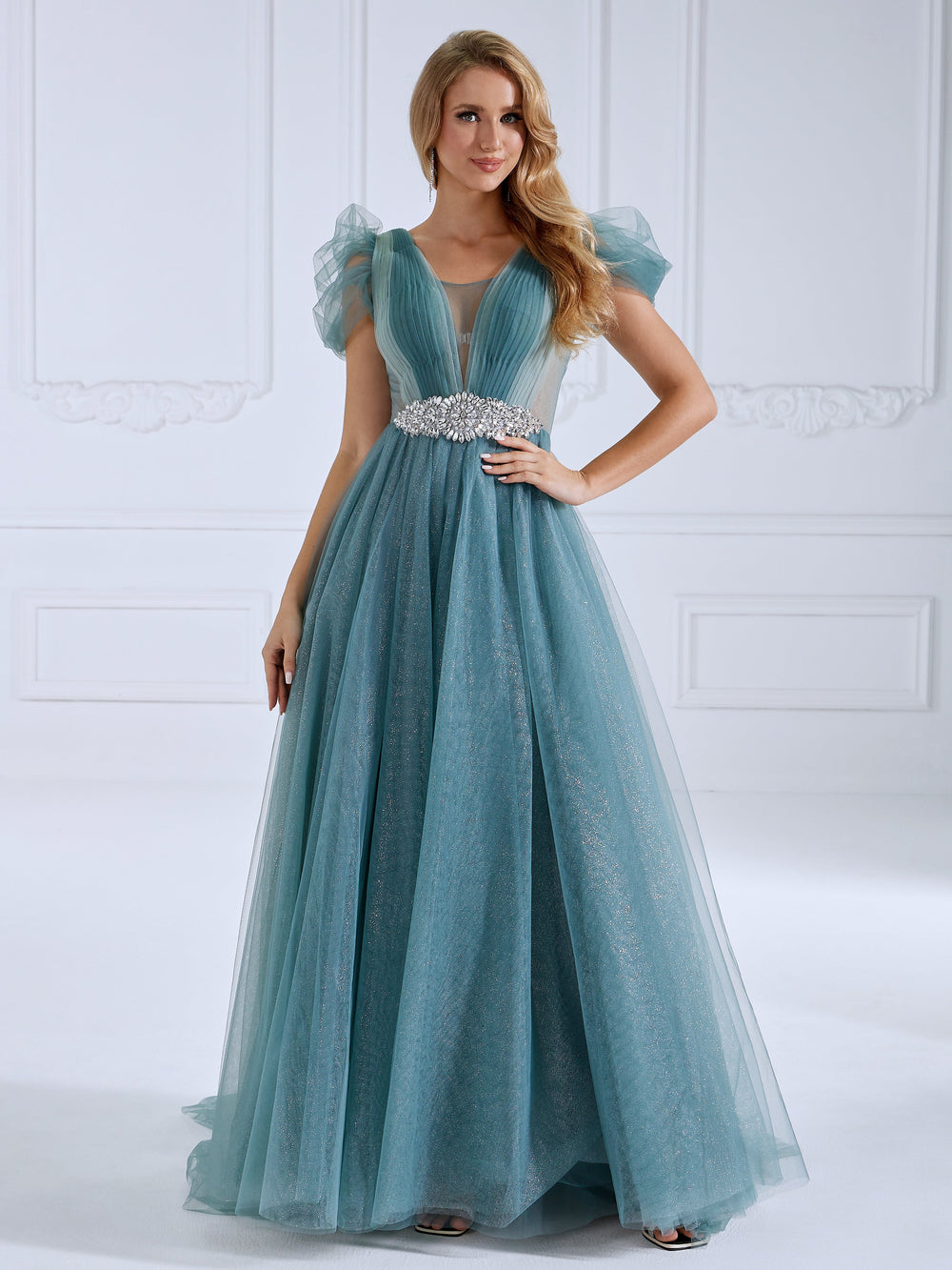 V Neck, Glitter Tulle ,Ankle Length Dress , Elegant Prom Dress