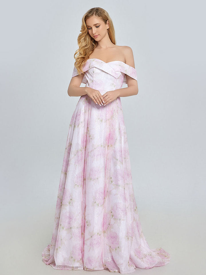 Elegantes A-Linien-Ballkleid mit schulterfreiem, rosafarbenem Print YE3019 