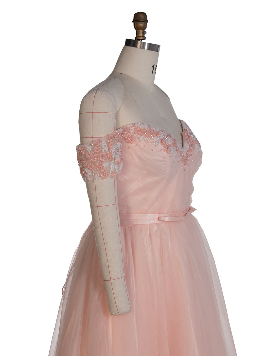 Knöchellanges rosa Ballkleid mit Perlen und Blumenapplikationen, Fee-Abschlusskleider, YE4001 