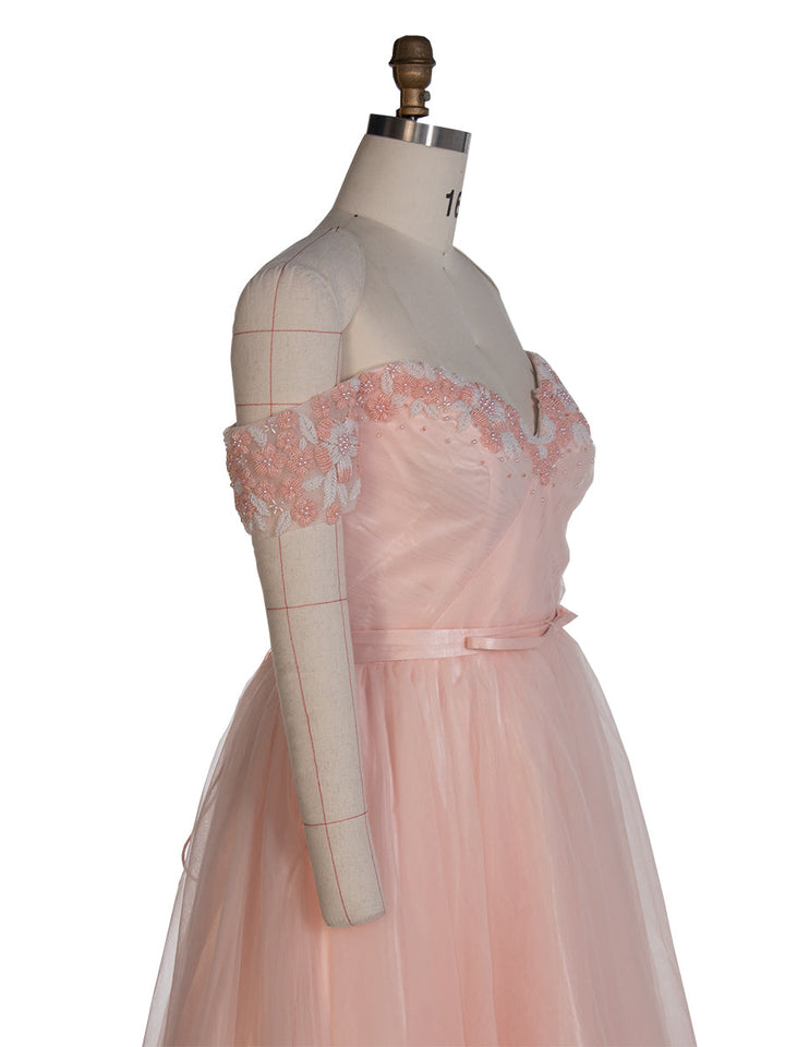 Knöchellanges rosa Ballkleid mit Perlen und Blumenapplikationen, Fee-Abschlusskleider, YE4001 