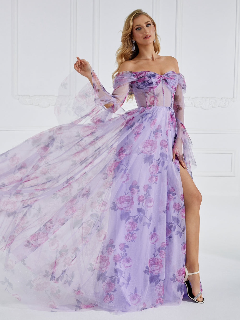 Elegant Long Flare Sleeve, A Line, Prom Dresses, Printing Tulle Photo Shoot Gown