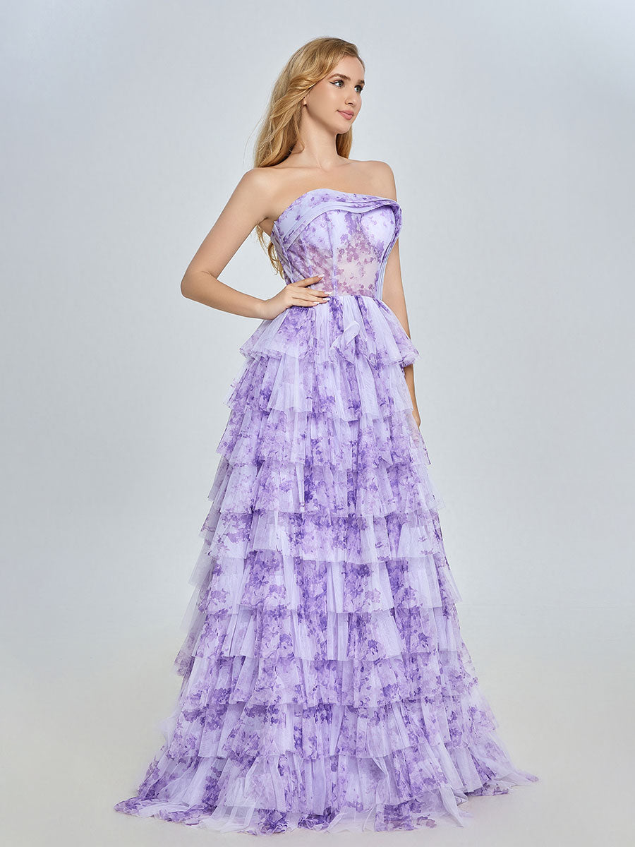 Elegantes lavendelfarbenes Stufenkleid aus mehrlagigem, bedrucktem Tüll, Ball- und Partykleid YE3024 