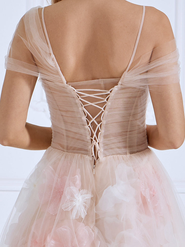 Strapless Corset Bodice, Handmade Floral Applique ,Prom Dress , Photo Shoot Gown