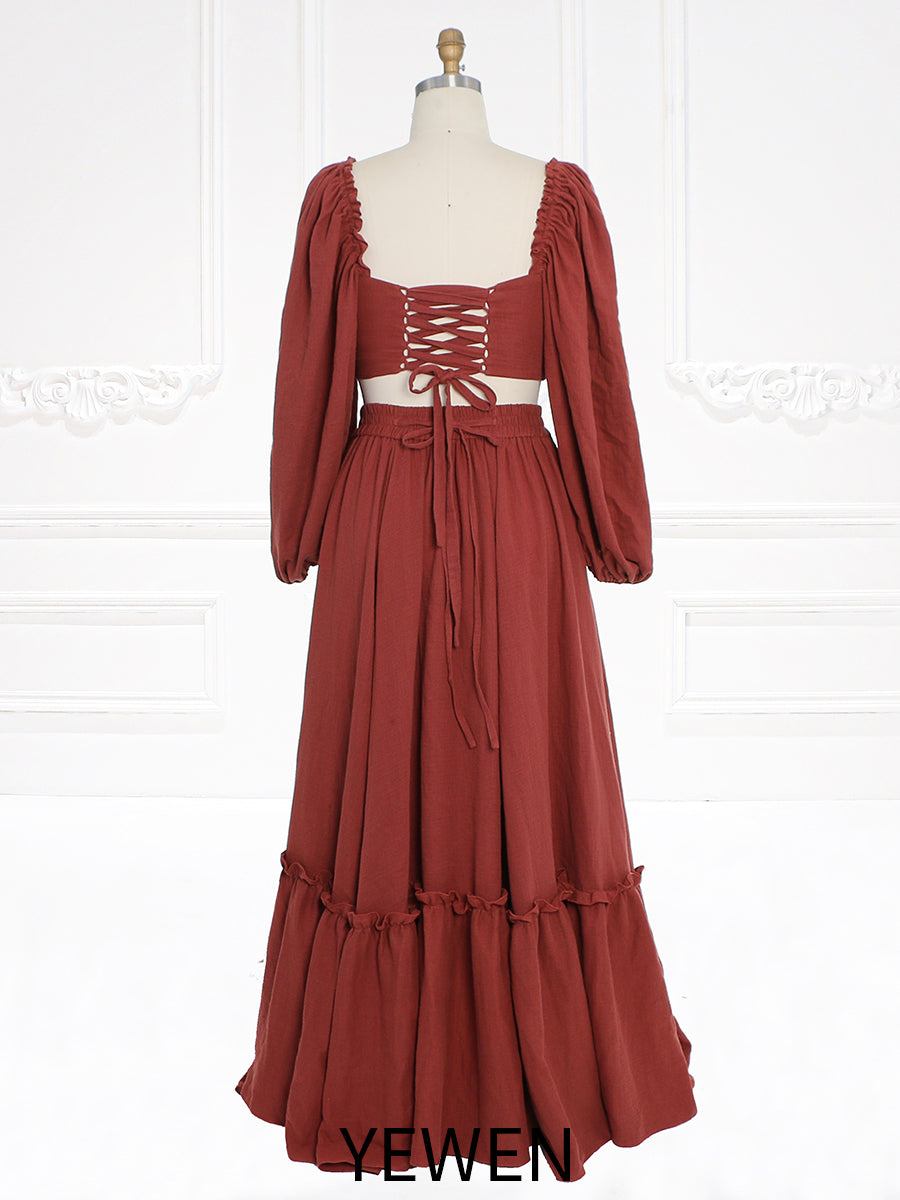 Lange Ärmel Verstellbarer Rücken Frau Baumwolle Maxikleid Fotoshooting Kleider Outfit YW231113 