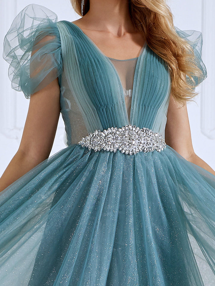 V Neck, Glitter Tulle ,Ankle Length Dress , Elegant Prom Dress