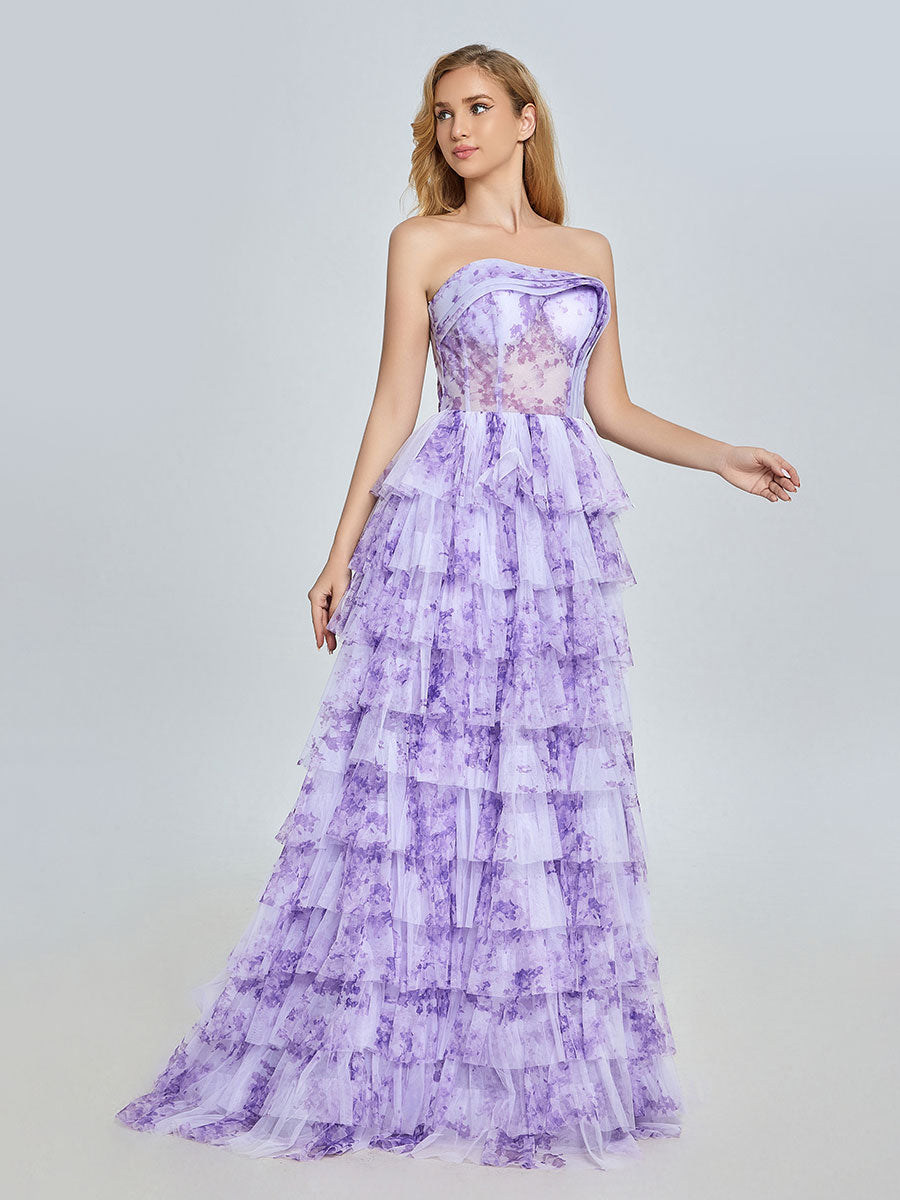 Elegantes lavendelfarbenes Stufenkleid aus mehrlagigem, bedrucktem Tüll, Ball- und Partykleid YE3024 