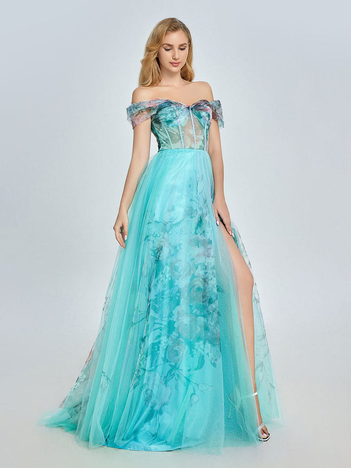 Elegantes, schulterfreies Ballkleid mit Blumenmuster in Aquamarin YE3022 