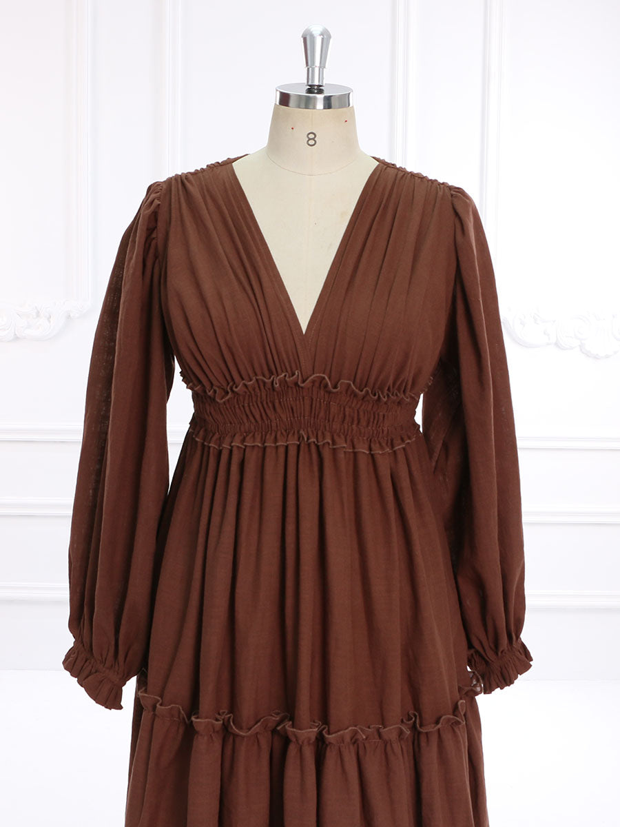 V-Ausschnitt, lange Ärmel, Boho-Maxikleid aus Baumwolle, Strandkleid für Fotoshootings, YW231133 