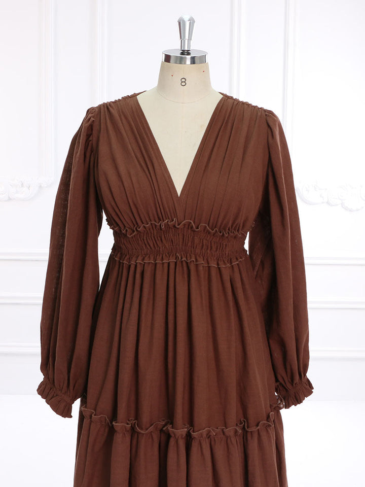 V-Ausschnitt, lange Ärmel, Boho-Maxikleid aus Baumwolle, Strandkleid für Fotoshootings, YW231133 