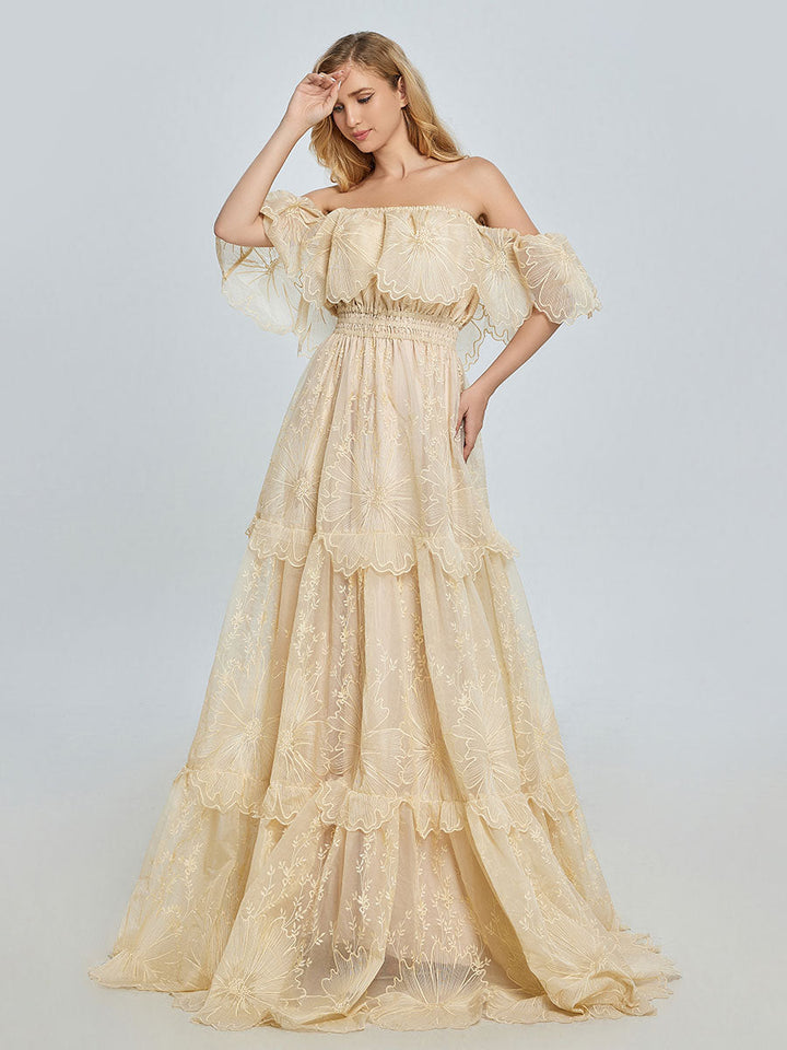 Elegantes schulterfreies Spitzen-Boho-Kleid, Fotoshooting-Kleid, böhmisches Umstandskleid, Babyparty, YW240067