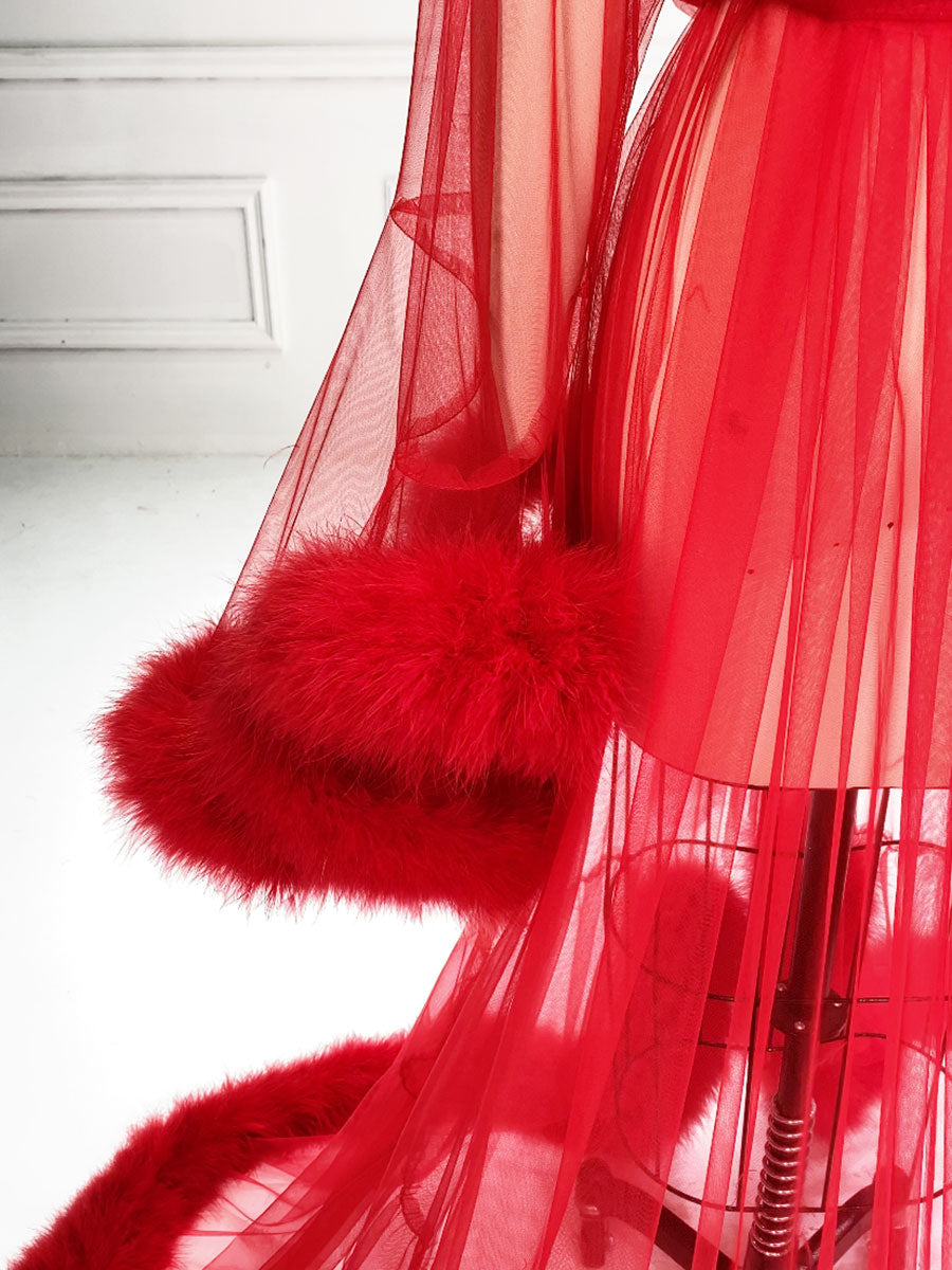 Roter Boudoir Morgenmantel mit Federn, Braut-Federmantel, Schwangerschafts-Shooting-Kleid YW2032 