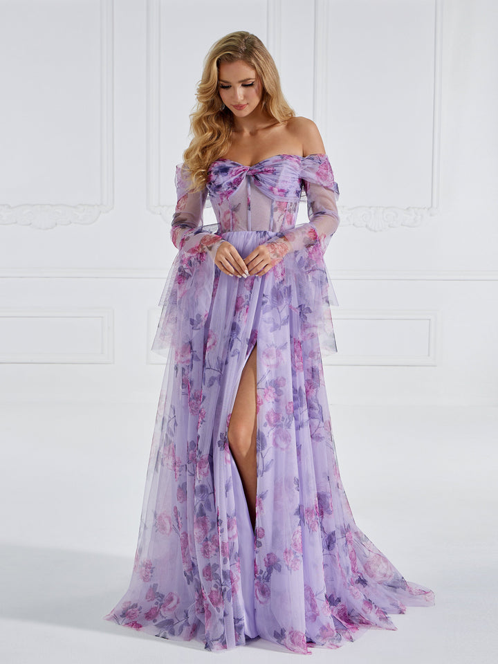 Elegant Long Flare Sleeve, A Line, Prom Dresses, Printing Tulle Photo Shoot Gown