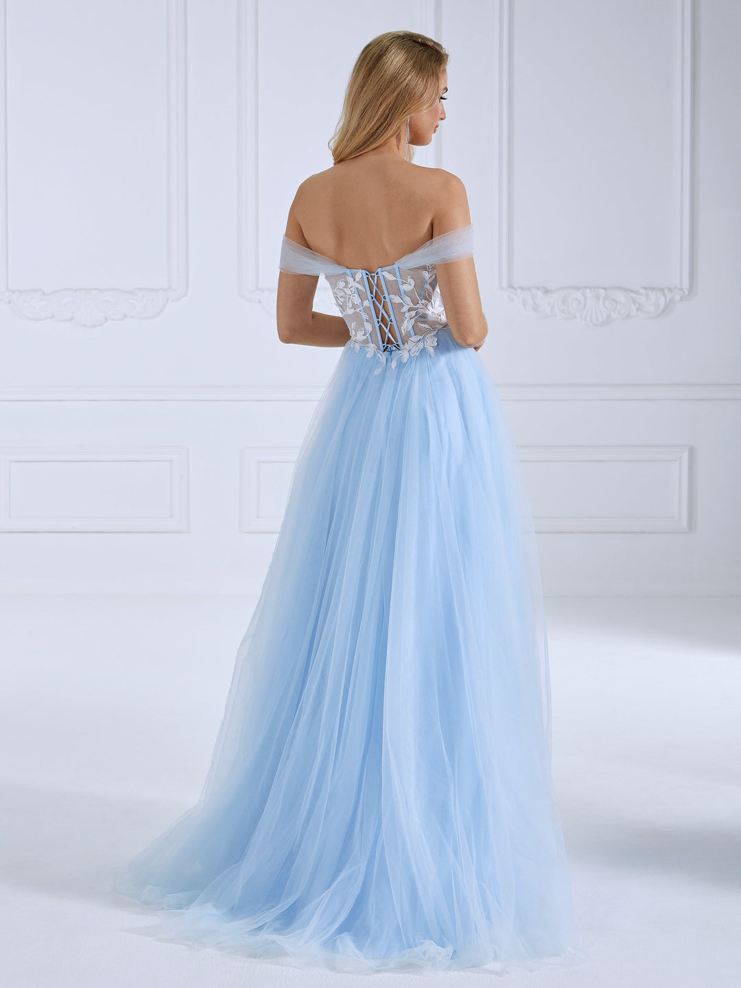 A-Line ,Blue Tulle Prom Dress, Side Leg Split,  Floor-Length, Photo Shoot Dress