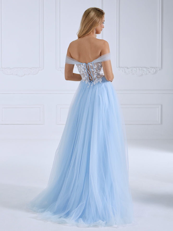 A-Line ,Blue Tulle Prom Dress, Side Leg Split,  Floor-Length, Photo Shoot Dress
