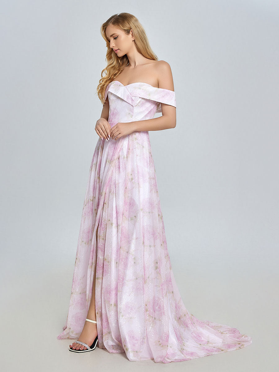 Elegantes A-Linien-Ballkleid mit schulterfreiem, rosafarbenem Print YE3019 