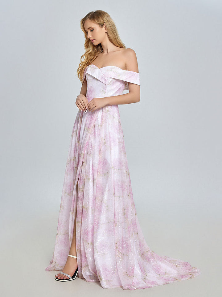 Elegantes A-Linien-Ballkleid mit schulterfreiem, rosafarbenem Print YE3019 