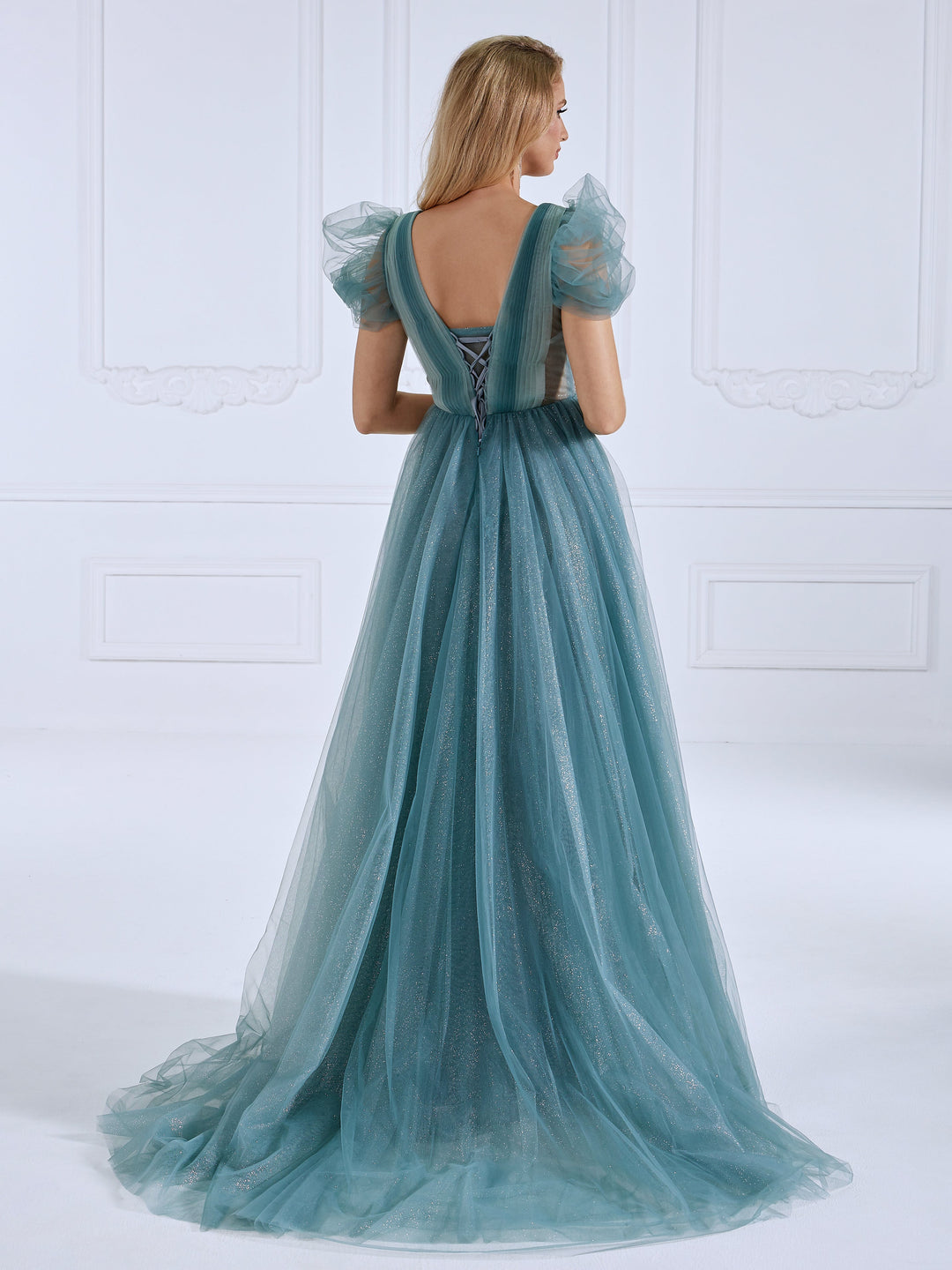 V Neck, Glitter Tulle ,Ankle Length Dress , Elegant Prom Dress